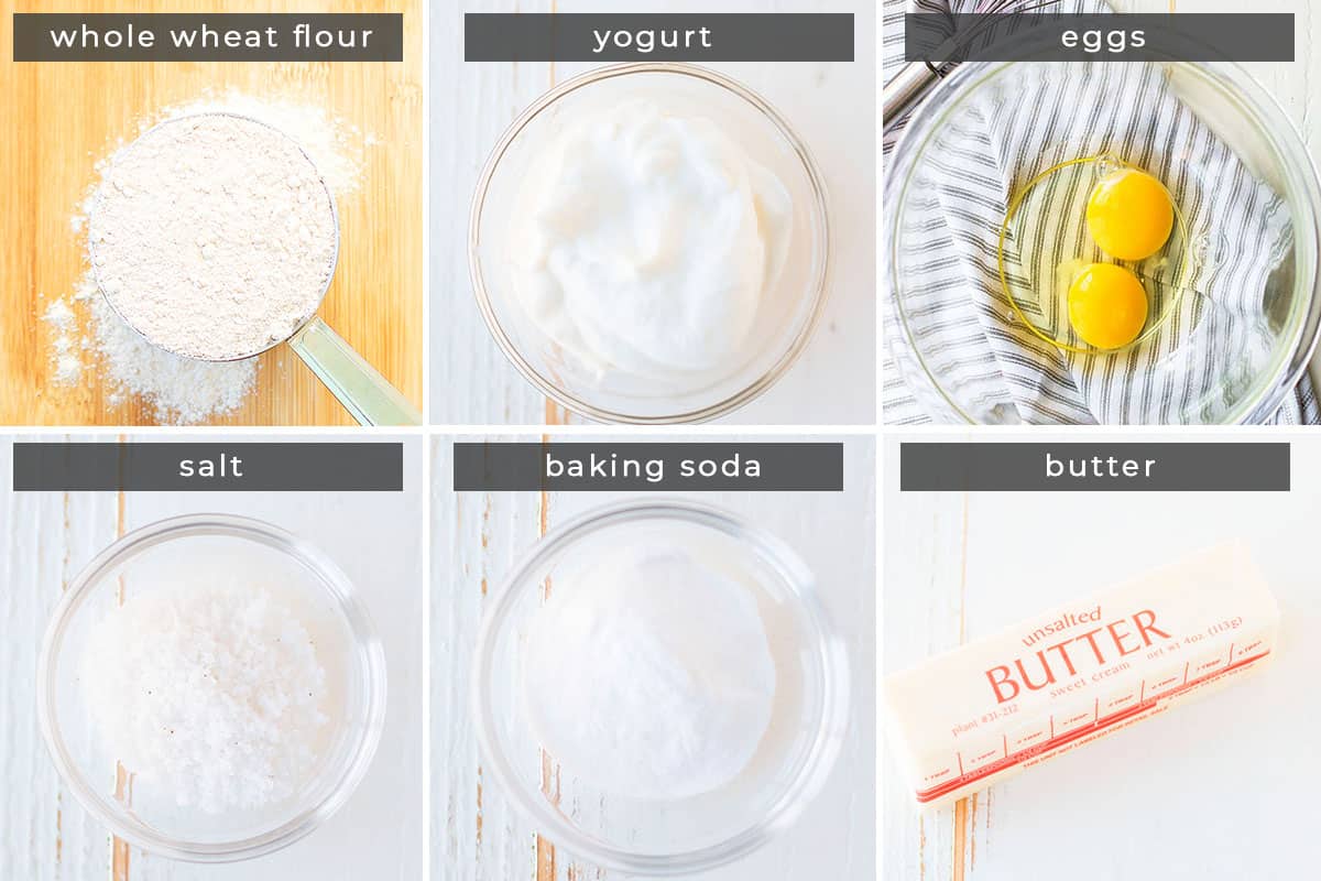 Image containing recipe ingredients: whole wheat flour, yogurt, eggs, salt, baking soda, and butter.
