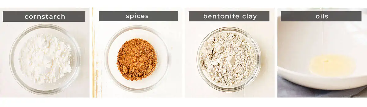 Image showing recipe ingredients, cornstarch, spices, bentonite clay, oils. 