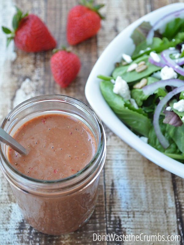 Spring Greens with Strawberry Balsamic Vinaigrette. Get a super simple recipe that adds depth and flavor to even the simplest spring salad. :: DontWastetheCrumbs.com