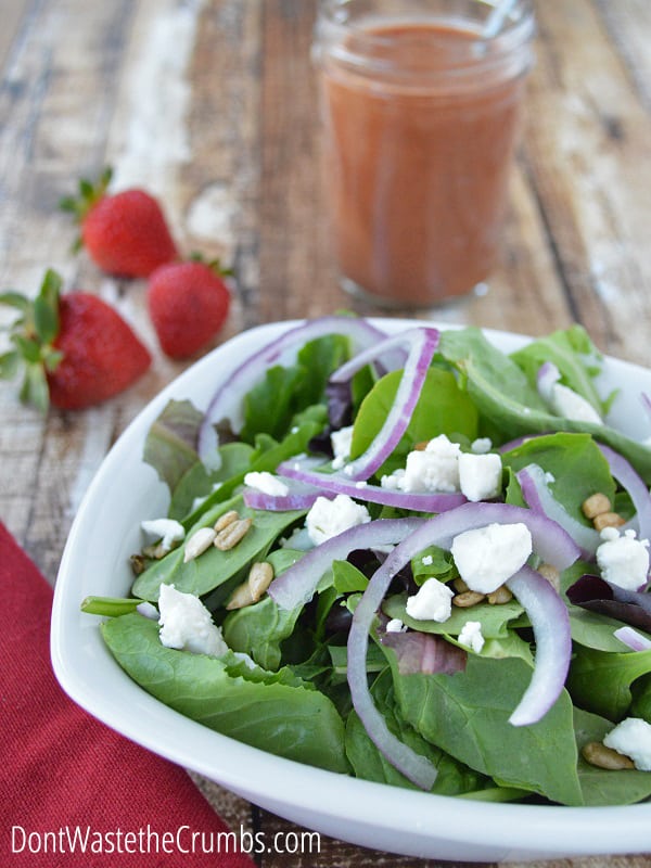 Spring Greens with Strawberry Balsamic Vinaigrette. Get a super simple recipe that adds depth and flavor to even the simplest spring salad. :: DontWastetheCrumbs.com