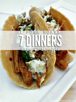 Carnitas tacos on a plate with text overlay, "1 Pork Roast 7 Dinners Easy & Simple".