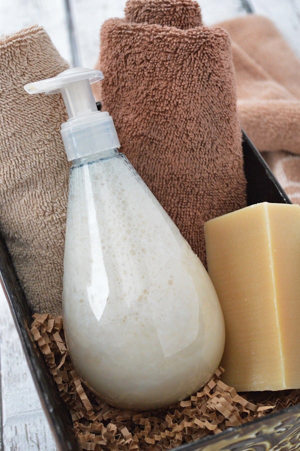 By reusing a foaming pump bottle, you can turn your old soap shavings into liquid soap!