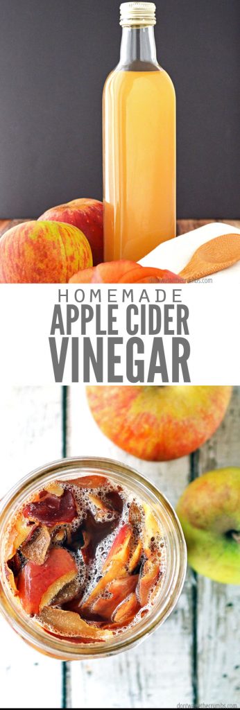 Two images, the first is a bottle of apple cider vinegar with apples around it. The second image is a mason jar filled with apple peels and water. Text overlay says, "Homemade Apple Cider Vinegar".