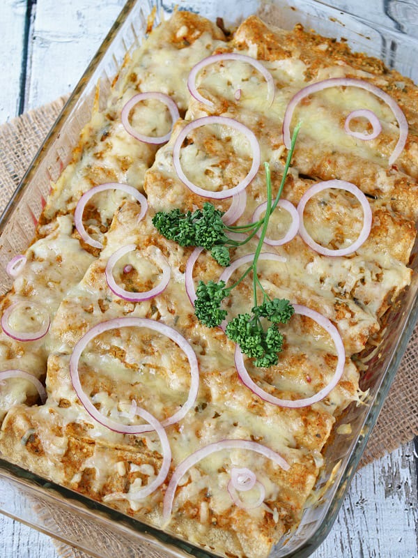 Ground Beef Enchiladas in a baking dish. Real Food One Week Ground Beef Meal Plan