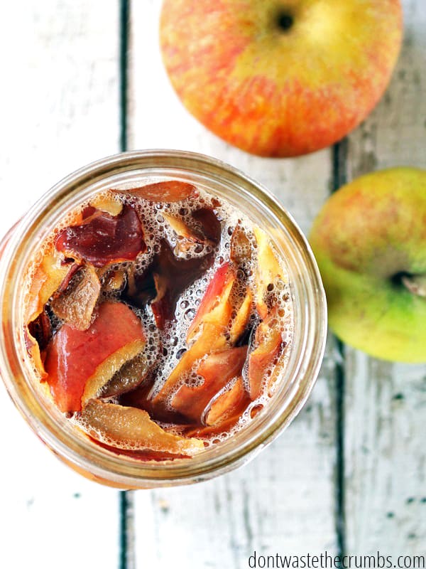 Mason jar with water and apple peels and apples next to the jar