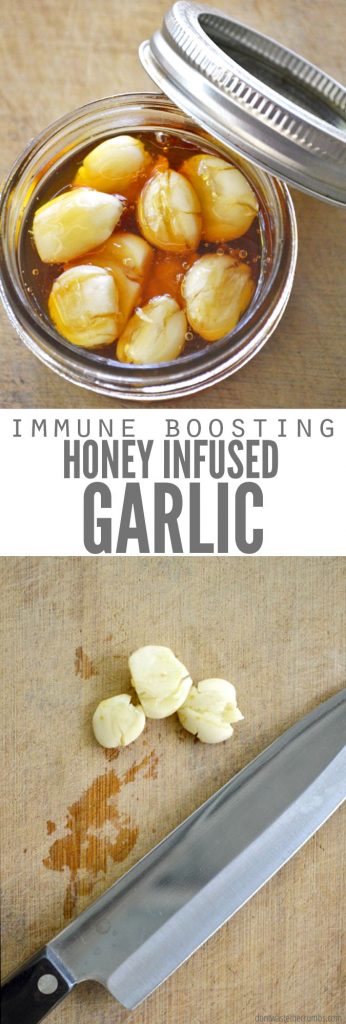 Two images, one of a jar filled with garlic and honey. The other is crushed garlic cloves on a cutting board with a knife. Text overlay says, "Immune Boosting Honey Infused Garlic".