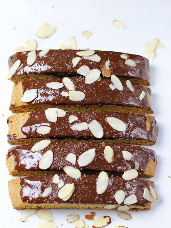 Vanilla Bean Almond Einkorn Biscotti is so delicious dipped in chocolate and drizzled with sliced almonds.