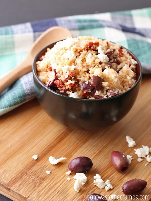 I love adding feta, kalamata olives, sun dried tomatoes, and more on Greek couscous.