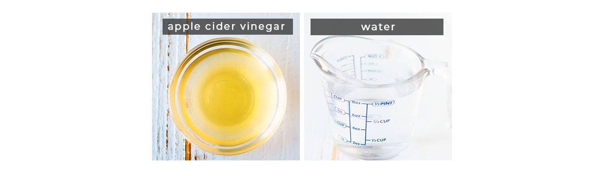 Two picture collage. On the left, a glass dish of apple cider vinegar. On the right, a glass measuring cup full of water.