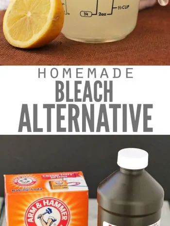 Two images, the first is a pile of white laundry with a measuring cup of homemade bleach and half a lemon. The second image is a box of baking soda, a bottle of hydrogen peroxide, a lemon and essential oil. Text overlay says, "Homemade Bleach Alternative".