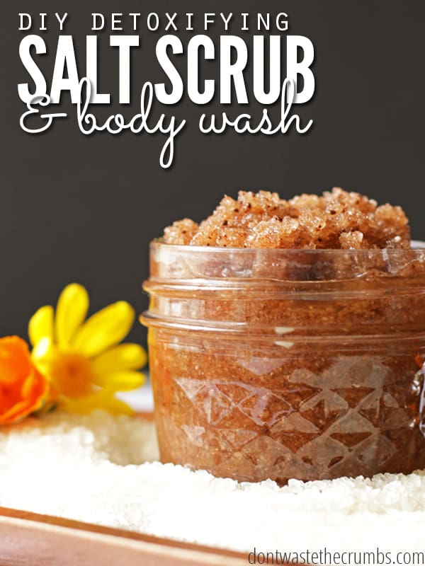 This luxurious detoxifying salt scrub is so easy to make, but it really works! Just two simple ingredients make this salt scrub my favorite exfoliator in my natural skincare routine, and you can use it to make homemade body wash out of any soap! :: DontWastetheCrumbs.com
