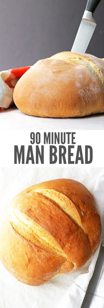 Two images of a loaf of bread, one being sliced. Text overlay says, "90 Minute Man Bread".