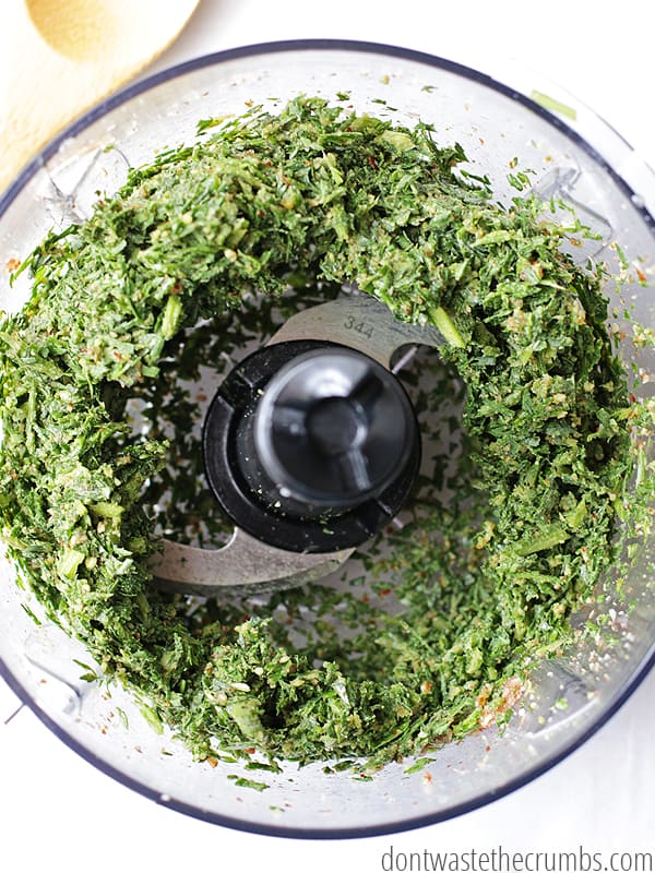 This easy recipe for delicious carrot top pesto is incredibly versatile - no cheese, you can use any nut you want and any herb you want. Plus it tastes amazing! Save money by making carrot top pesto and avoid thrwoing food in the trash can - this recipe costs less than half of store-bought pesto! :: DontWastetheCrumbs.com