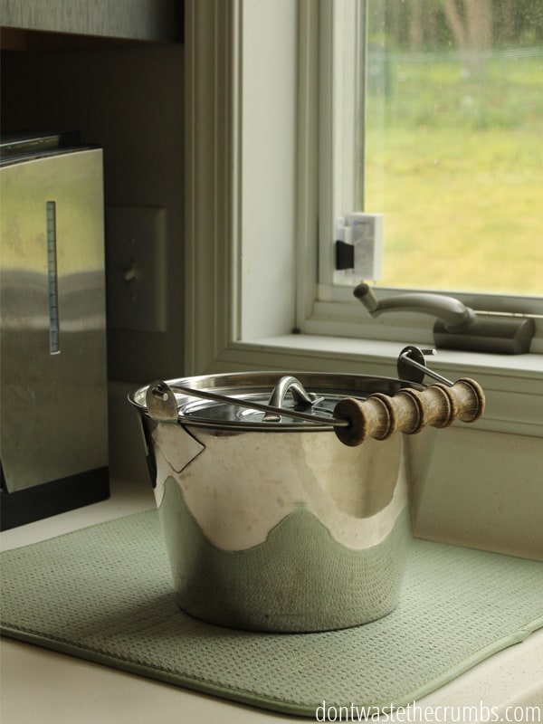 Pail for the kitchen to collect scraps. This pail is on a counter in the kitchen.