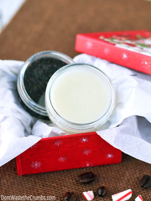 Looking for a simple homemade gift for friends and family? This homemade lip scrub and homemade peppermint lip balm take just four ingredients and is ready in 10 minutes. The best part - the entire gift costs less than $1! :: DontWastetheCrumbs.com