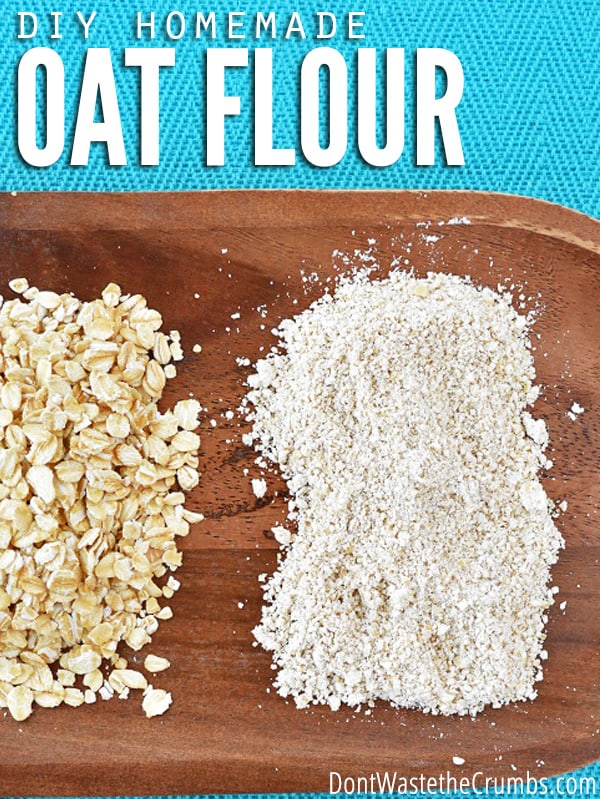 Scoop of raw oats and a scoop of oat flour on a wooden serving platter, all on a turquoise table cloth. Text overlay DIY Homemade Oat Flour.