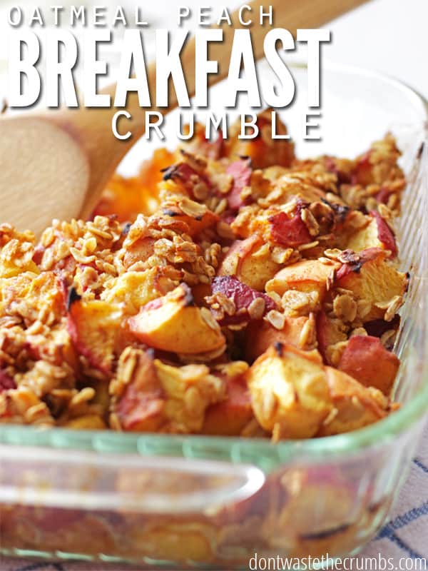 This easy recipe for oatmeal peach breakfast crumble is one of my favorites. Only four ingredients, one bowl and can be made ahead of time - perfect for brunches or a fast weekday breakfast! :: DontWastetheCrumsbs.com
