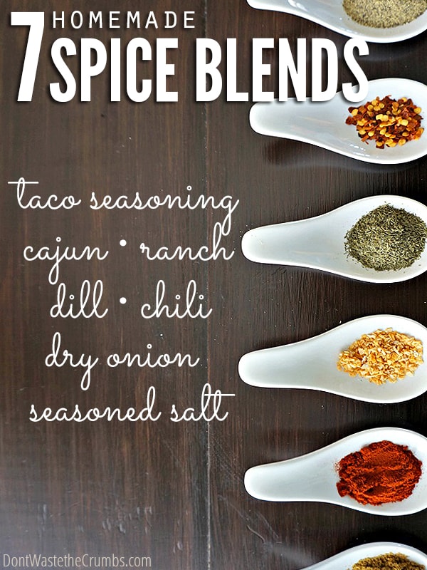 Start saving money by making your own homemade spice blends! Simple recipes for spices like taco seaoning, salt-free substitute (aka Mrs.Dash), dry onion mix, ranch & many more! :: DontWastetheCrumbs.com