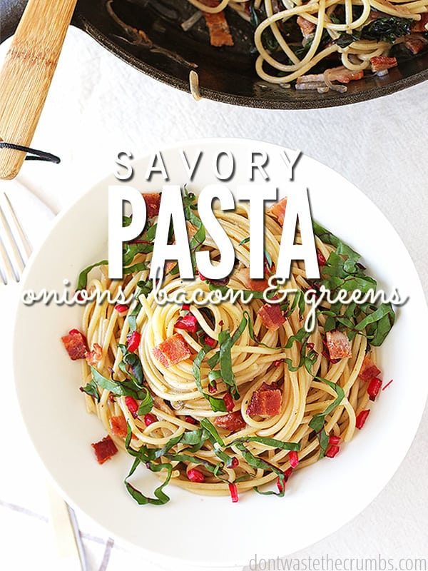 My whole family loves this savory pasta with onions, bacon and greens. It's an easy recipe that's ready in just 30 minutes, and costs less than $4 to make! And it's so delicious! Definitely a keeper in our house! :: DontWastetheCrumbs.com