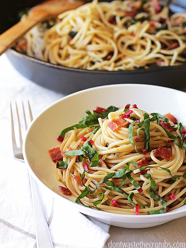 Enjoy Pasta with Greens and Bacon and serve with a side of fresh crostini.
