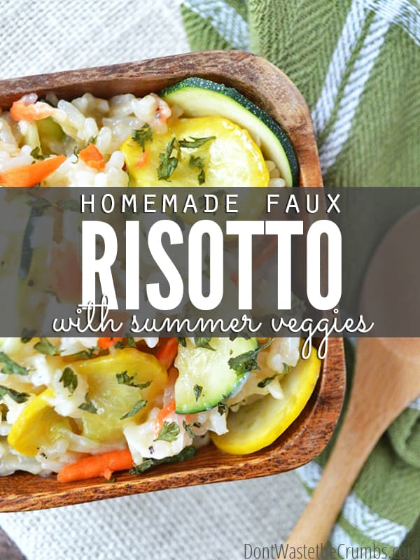 Looking for an easy, healthy meal that uses any assortment of vegetables? This faux risotto contains 6 of them! It's fast enough for a weeknight, but fancy enough for company. Plus it's so delicious, you'll have nothing but clean plates! As a bonus, it feeds a family of 4 for less than $5! :: DontWastetheCrumbs.com