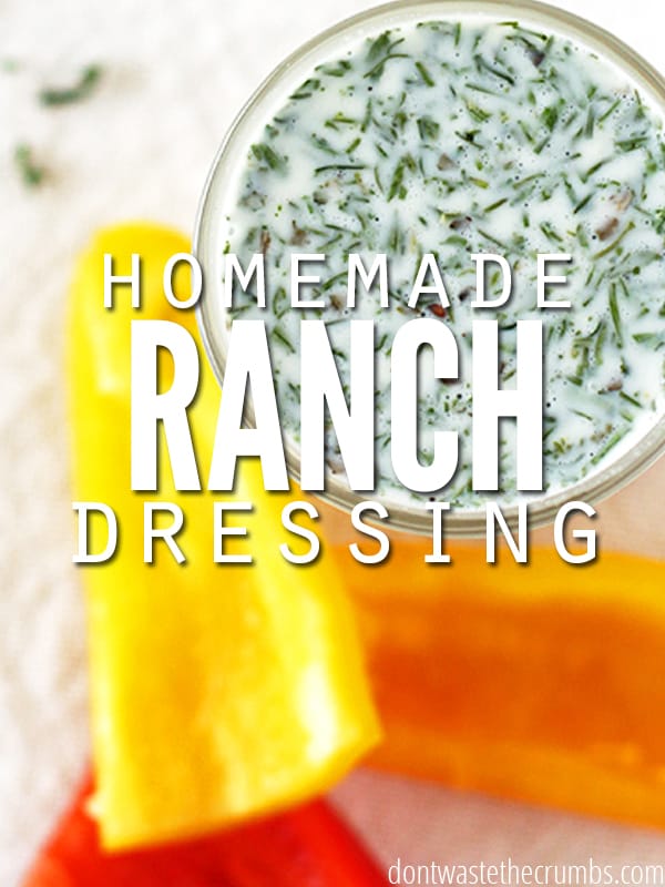 Glass jar of ranch dressing. Text overlay reads, "Homemade Ranch Dressing".