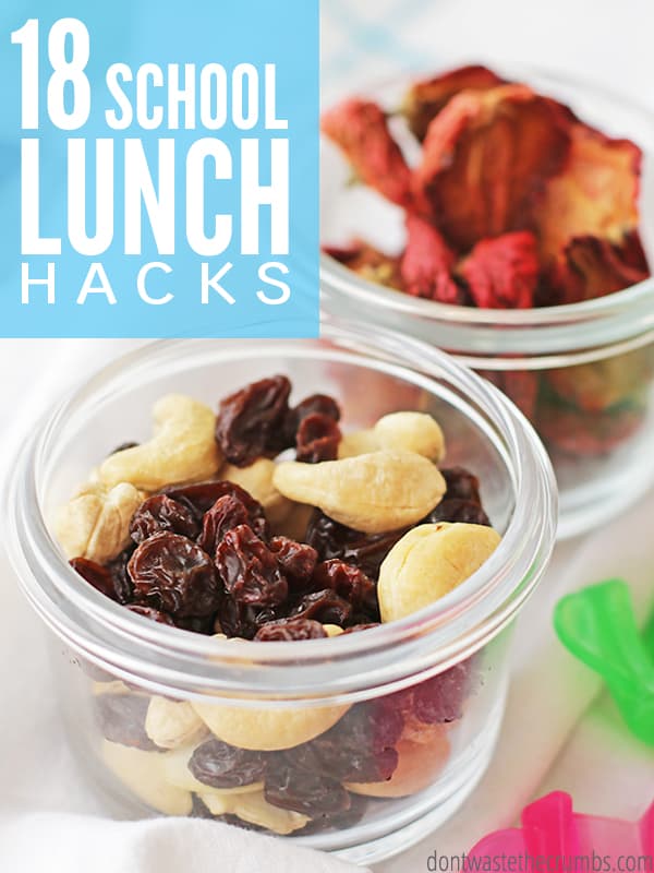 Packing school lunch is hard! These 18 hacks & tricks for packing a healthy school lunch are a huge help, especially for a parent new to the whole school lunch thing. These 18 tips are awesome- a must read for all busy parents! :: DontWastetheCrumbs.com