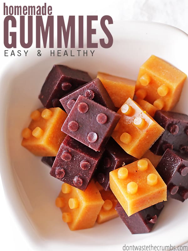 My kids LOVE this easy recipe for healthy homemade gummies! I love that there's no junk and that they're ready in just 15 minutes. They won't melt in a lunchbox and can be made with fruit juice or whole fruit puree - perfect for using up the last little bits of produce to avoid the trash can (and that saves money!) :: DontWastetheCrumbs.com