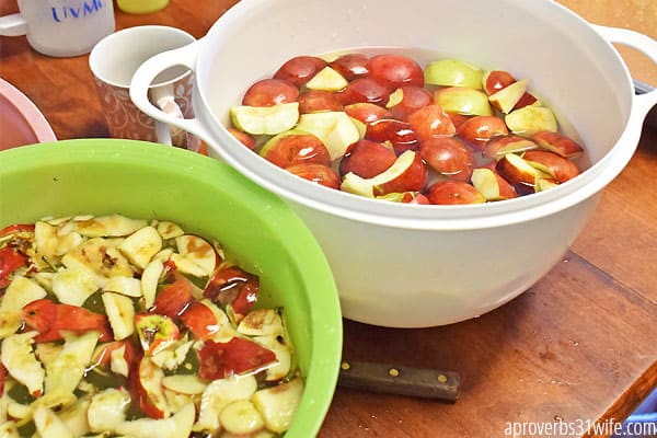 To prevent browning, place the apples into a large bowl of water with a small amount of salt.