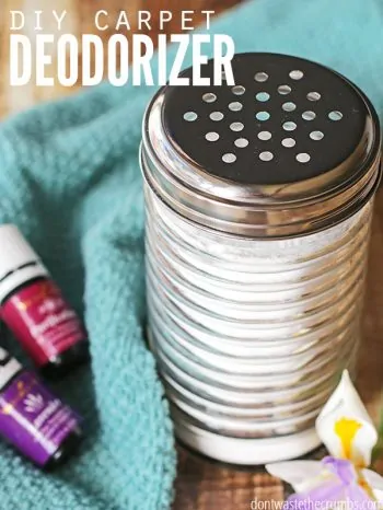 Shaker jar with carpet deodorizer in it with essential oils. Text overlay says, "DIY Carpet Deodorizer"