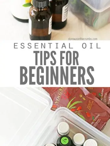 Two images of bins filled with essential oil bottles and text overlay, "Essential Oil Tips for Beginners".