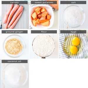 Image containing recipe ingredients carrots, sweet potatoes, salt, ground ginger, flour, eggs, and coconut oil. 
