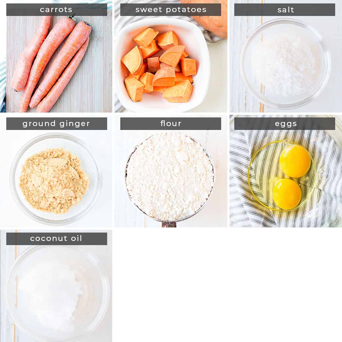 Image containing recipe ingredients carrots, sweet potatoes, salt, ground ginger, flour, eggs, and coconut oil.