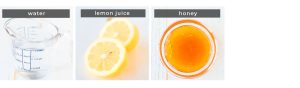 Image containing recipe ingredients water, lemon juice, and honey. 