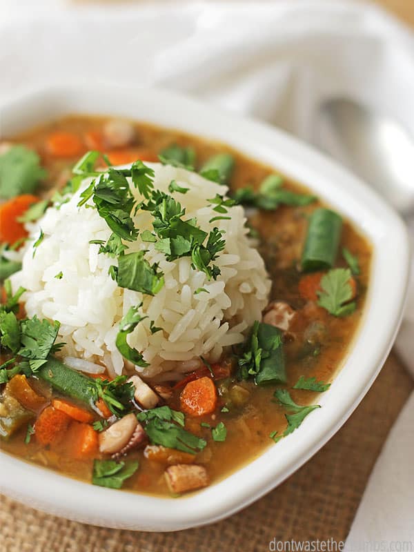 Red lentil vegetable soup with a scoop of white rice on top. Cilantro sprinkled throughout. This is in a white bowl.