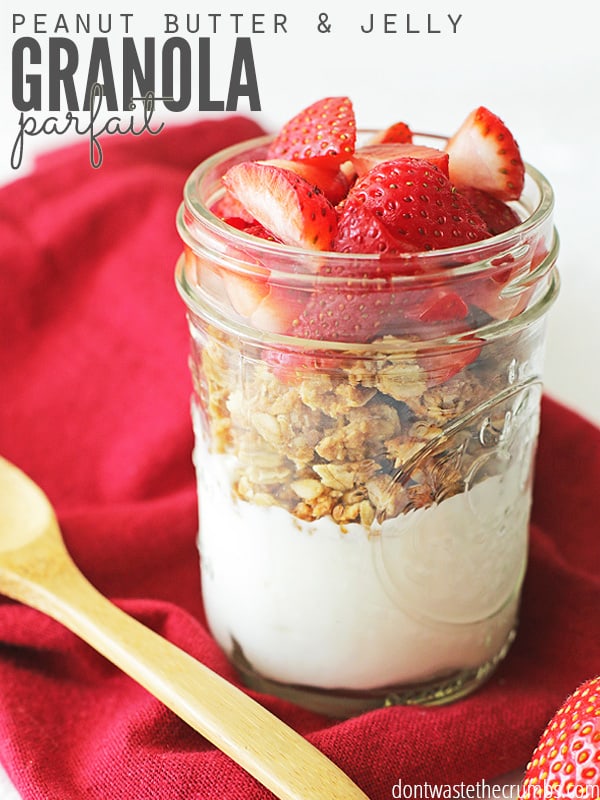 My kids LOVE peanut butter and jelly, so I made them peanut butter and jelly granola! I like to serve it over yogurt for a simple peanut butter and jelly granola parfait, but you can package it up for a school lunch too. It's an easy recipe that's budget friendly, made with real food, whole grains and no sugar - a great way to fuel the kids for the day! :: DontWastetheCrumbs.com