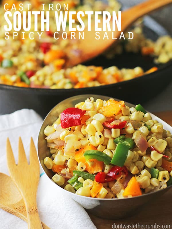 This delicious southwestern corn salad is easy on the wallet and takes little time to put together. Fuse spicy flavors of the south west together with delicious whole kernels of corn, sauteed with peppers, garlic and onion. Pairs great with anything bbq! :: DontWastetheCrumbs.com