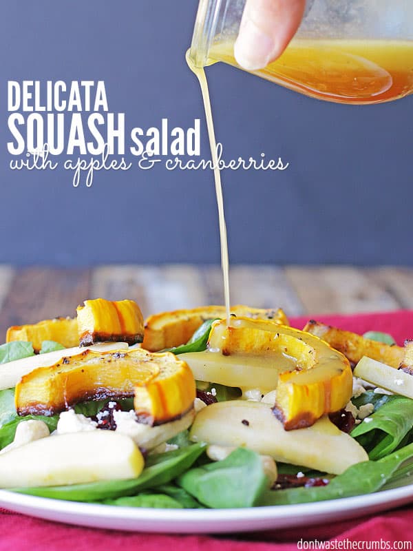 Oh man, this winter salad is SO GOOD! It's a delicata squash salad with apples and cranberries and a maple citrus vinaigrette and it is BY FAR my favorite way to eat delicata squash. I love the fresh, fall ingredients and even my picky eaters cleared their plate! A great main dish salad that's less than $5 - put it on your winter menu for sure! :: DontWastetheCrumbs.com