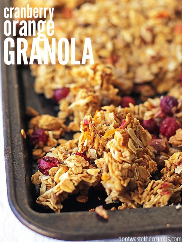 This cranberry orange granola is so good! It tastes like Christmas and is so much healthier for you than a bowl of processed cereal. One batch makes over 8 servings for about 63¢ each. Plus you can make it ahead of time for the whole week or even offer as an easy homemade gift for Christmas too! :: DontWastetheCrumbs.com