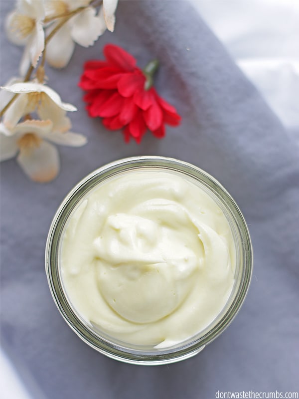 DIY homemade healing lotion for dry, cracked hands due to winter, windburn, gardening or any other circumstance that calls for homemade heavy duty lotion. When your daily lotion doesn't cut it anymore, make your own heavy duty lotion in 15 minutes with just 4 all-natural ingredients! :: DontWastetheCrumbs.com