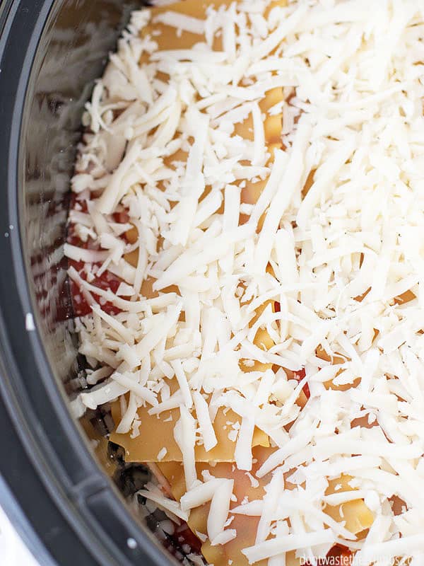 My kids love this slow cooker meatless lasagna, and my husband doesn't even miss the meat! This recipe still boasts tons of protein and since it cooks in the slow cooker, I don't have to even be in the kitchen to cook dinner! This slow cooker dinner is on our meal plan almost every week! :: DontWastetheCrumbs.com