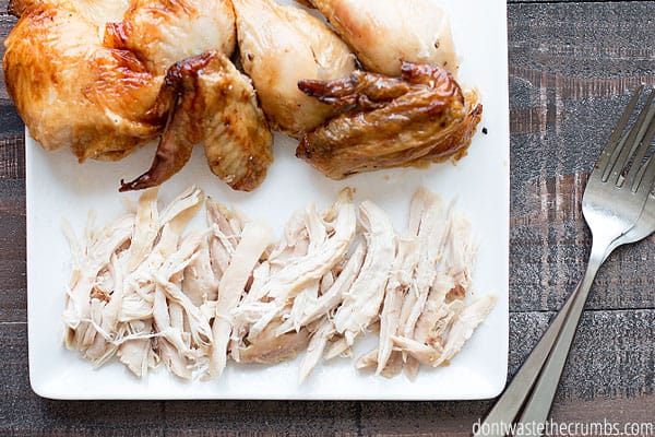 Did you know you can shred slow cooker chicken with a mixer? It makes cooking a whole chicken for a month so easy to prep! :: DontWastetheCrumbs.com