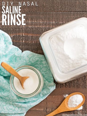 Easy recipe for a nasal saline solution with 3 simple ingredients. Learn how to use homemade nasal decongestant, plus tips for using saline for allergies. :: DontWastetheCrumbs.com