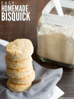 A stack of 5 golden brown fluffy round breakfast biscuits, on a gray kitchen towel, with a glass jar filled with dry biscuit mix in the background. Text overlay Easy Homemade Bisquick.