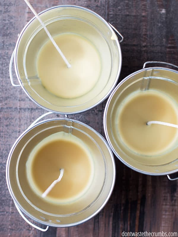 Easy tutorial for homemade citronella candle that works to repel mosquitoes and bugs. Article includes money-saving tips for re-using old candle wax and using containers from everyday items in the house. :: DontWastetheCrumbs.com