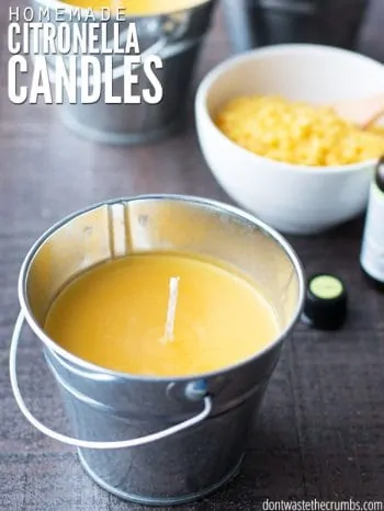 Tin bucket with a cintronella candle inside. A bowl of beeswax pastilles and essential oils. Text overlay says, "Homemade Cintronella Candles".