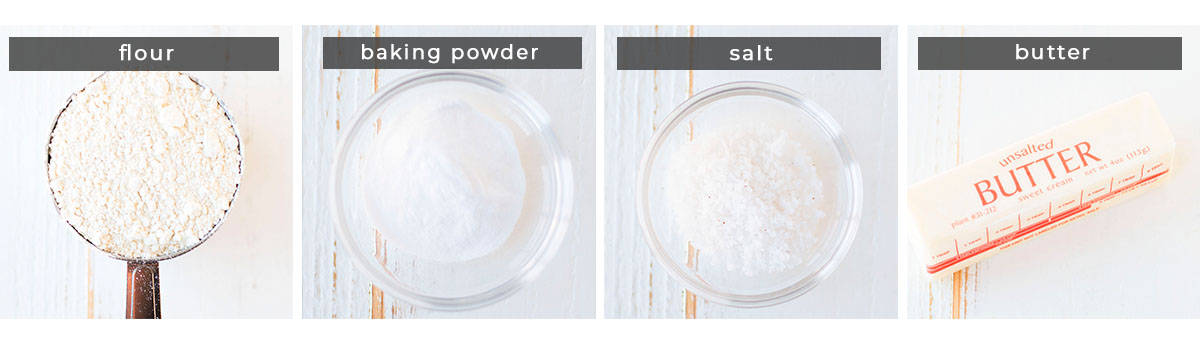 Image showing recipe ingredients flour, baking powder, salt, and butter.