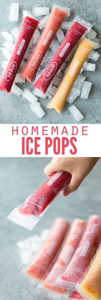 Two images, the first is homemade ice pops sitting on ice cubes, the second is a kid hand grabbing an ice pop from the stack. Text overlay says, "Homemade Ice Pops".