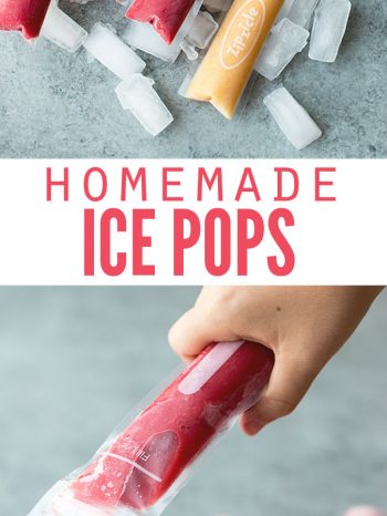Two images, the first is homemade ice pops sitting on ice cubes, the second is a kid hand grabbing an ice pop from the stack. Text overlay says, "Homemade Ice Pops".