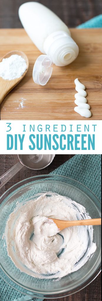 Two images, the first a bottle with homemade lotion on a table, the second a bowl filled with sunscreen and a spoon. Text overlay says, "3 Ingredient DIY Sunscreen".